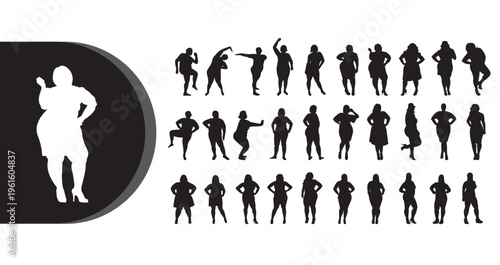 A collection of silhouettes of people in various poses and outfits on a white background