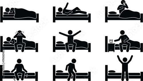 Stick figure sleeping icons set, person in bed morning routine vector, 9 human pictograms showing waking up and insomnia