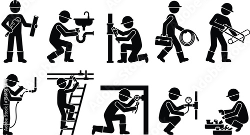Conjunto de pictogramas que representam trabalhadores da indústria de encanamento e tubulação executando diferentes atividades de instalação e reparo.