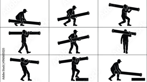무거운 파이프를 안전하게 들고 운반하는 사람의 실루엣 단계별 그림.