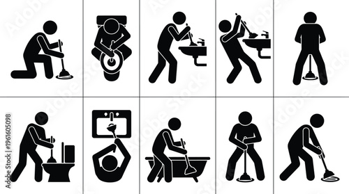 다양한 배관 막힘을 뚫는 데 사용되는 플런저와 사람의 행동을 묘사한 아이콘 세트.