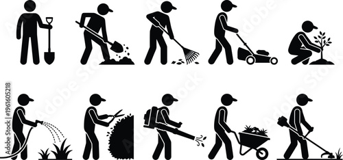 정원 가꾸기, 조경, 잔디 관리, 식물 심기, 가지치기 등 다양한 야외 작업 활동을 하는 사람들의 픽토그램.