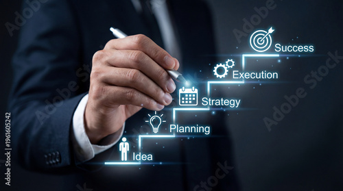 Concept of business growth and success visualized through a stairway of strategic planning and execution