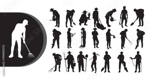 A collection of silhouetted workers in various gardening and landscaping poses with tools