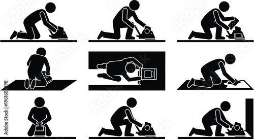 바닥 샌더 또는 광택기를 사용하여 바닥을 청소하거나 연마하는 사람들의 다양한 자세.