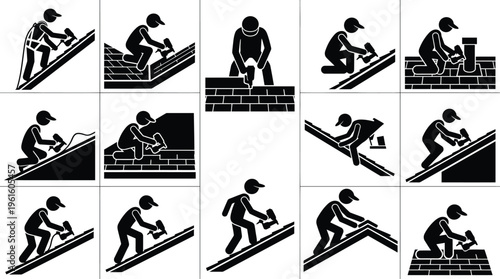 다양한 지붕 공사 및 벽돌 쌓기 작업을 하는 건설 노동자들의 실루엣 아이콘 모음.