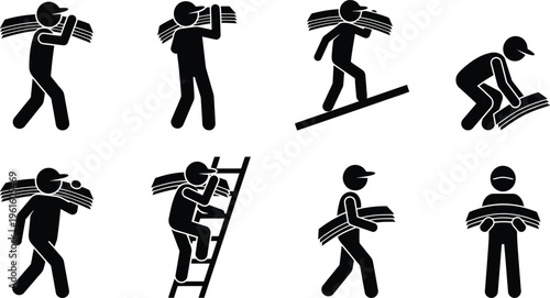 다양한 자세로 무거운 물건을 운반하는 사람들의 실루엣 픽토그램 모음.