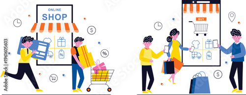 People shopping online and in-store with modern conveniences and digital payment methods for seamless purchases