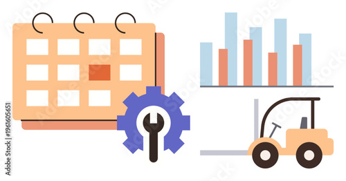 Supply chain logistics, inventory management, productivity tracking, machinery operation, warehouse planning, scheduling. Calendar, chart forklift gear. Logistics and inventory management concept