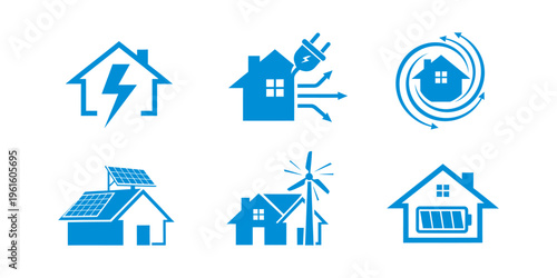 Modern house energy logo collection featuring lightning bolts, electric plugs, and power icons, ideal for smart home and utility branding.