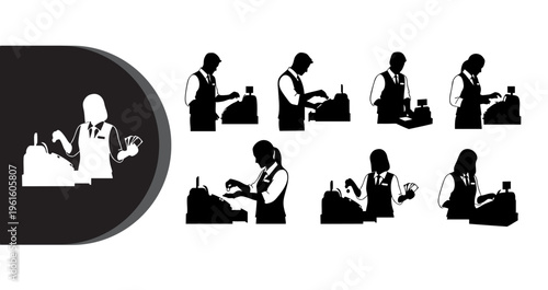 A collection of silhouettes depicting various people working in a kitchen or restaurant setting