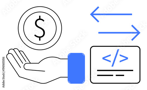 Online payments, money transfers, e-commerce, digital wallets, fintech, coding. Dollar sign on a hand with arrows and coding label. Online payments and money transfers