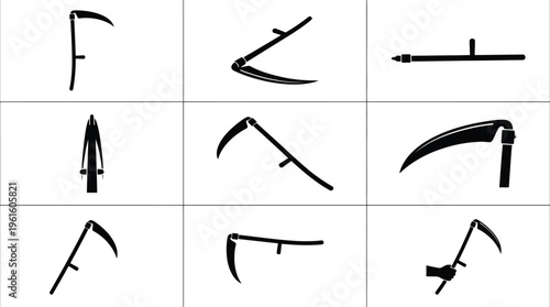 농업용 도구인 낫의 다양한 형태를 보여주는 실루엣 아이콘 모음.