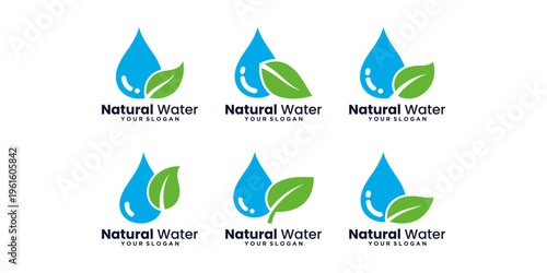 Creative nature water logo set with leaf, wave, and water drop elements in modern eco design