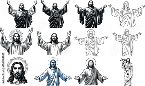 Jesus Christ Vector Illustration Set Featuring Religious Christian Figures with Open Arms, Blessing Pose, Sacred Iconography, and Spiritual Line Art Designs