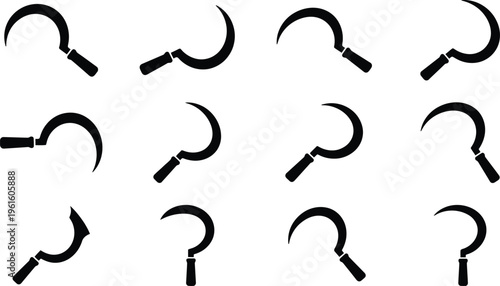 농업용 도구인 낫의 다양한 형태를 보여주는 검은색 실루엣 아이콘 세트.