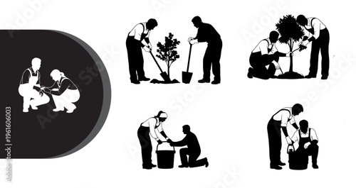 A group of people are planting trees and working together in a collaborative effort to promote environmental conservation and sustainability.