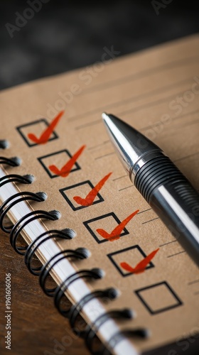 High quality photo of checklist with checkmarks and a pen on a notebook.