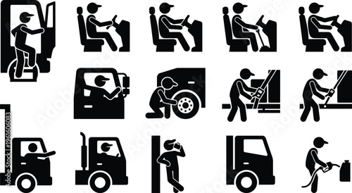 트럭 운전사의 일상 활동, 운전, 정비 및 기타 작업을 묘사하는 픽토그램 세트.