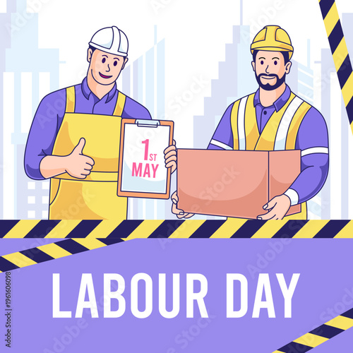 Happy Labor Day Banner Vector Illustration. Cartoon Worker Celebrating May Day