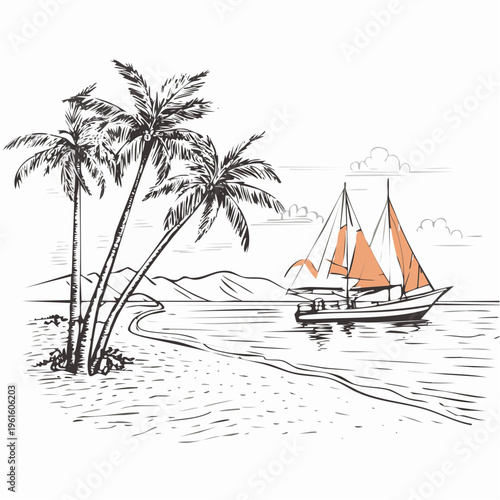 A serene tropical beach scene with boats and palm trees in a beautiful landscape