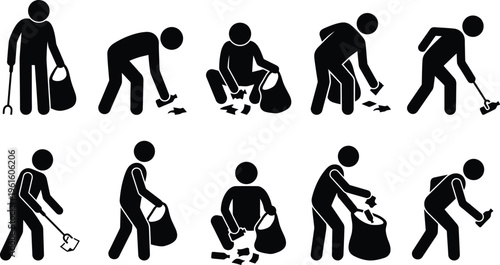 쓰레기를 줍는 사람들의 다양한 행동과 자세를 보여주는 픽토그램 아이콘 세트.