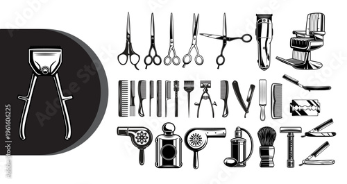 A collection of various barber tools and equipment on a white background