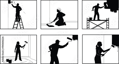 People are painting walls with rollers and brushes Vector