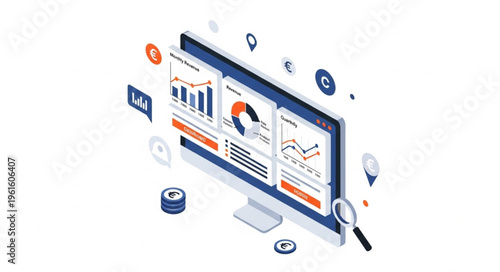 Isometric Monitor Displaying Data Analytics and Business Intelligence Insights.
