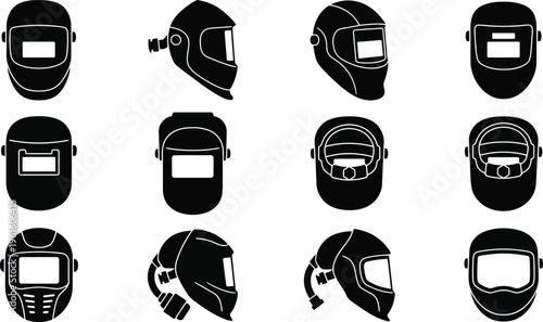 다양한 각도와 디자인의 용접 헬멧 실루엣 아이콘 모음.