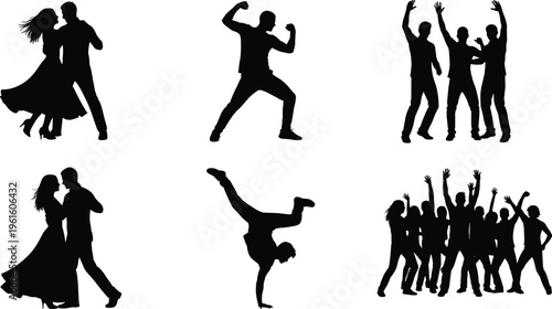 Black silhouettes of people dancing Vector