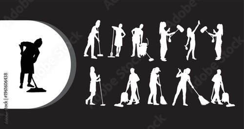 A collection of white silhouettes of people cleaning and a black silhouette of a person cleaning on a white background