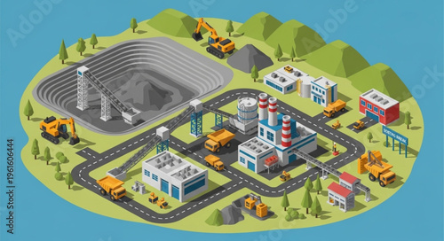 Isometric Mining Operation Illustration - A Detailed Overview of Industrial Extraction.