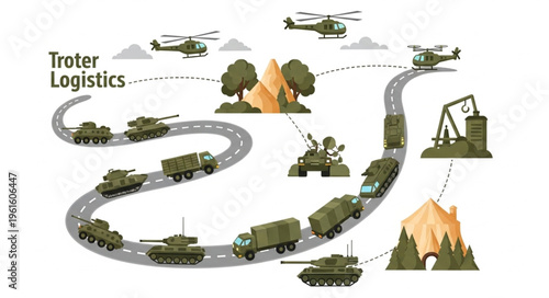 Military Logistics Network - Tanks, Trucks, and Helicopters on a Winding Road.