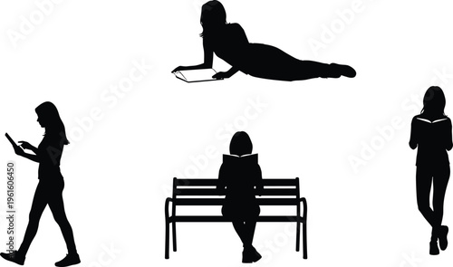 Silhouettes of people reading in different positions Vector