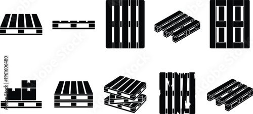 Industrial wooden pallet icons set, black silhouette shipping pallets for logistics and warehouse, 10 vector elements for cargo transportation