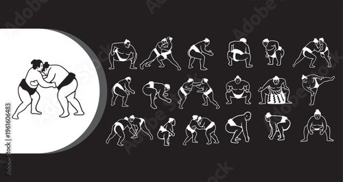A black and white illustration of sumo wrestlers in various fighting poses and movements on a dark background