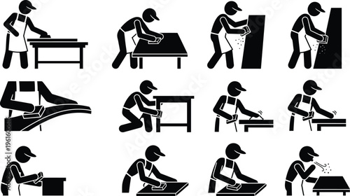 Woodworking carpenter stick figure icons, craftsman sanding and polishing furniture set, manual labor workshop vector illustrations