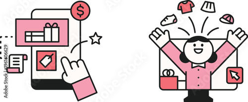 Happy shopper celebrating online purchase with joyful excitement and various flying products around her