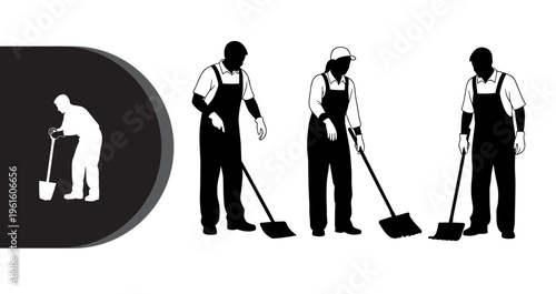 A group of workers in overalls are shoveling and cleaning with brooms and shovels.