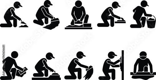 Série de pictogrammes illustrant des ouvriers du bâtiment effectuant des tâches de maçonnerie, de carrelage et de finition sur des surfaces.