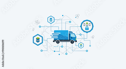 Logistics Network Truck Connected to Blockchain and Cloud Data Icons