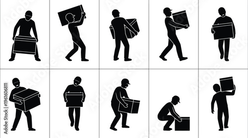 Delivery worker silhouettes carrying boxes, set of 10 mover icons for logistics and shipping, black courier figures lifting heavy packages