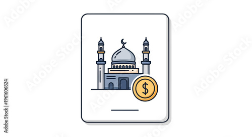 Mosque and Gold Coin Icon: Islamic Finance, Charity, and Donation Concept