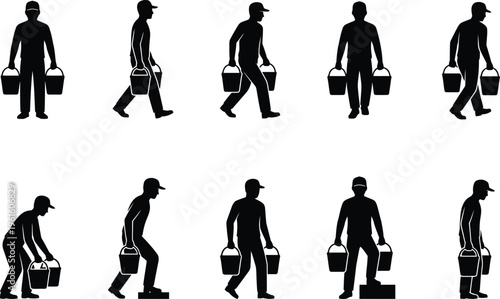 Silhouetten von Männern, die Eimer tragen und heben, verschiedene Haltungen bei der manuellen Arbeit.