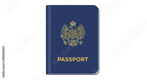 Blue Passport with Golden Emblem and Text "PASSPORT" - International Travel Document