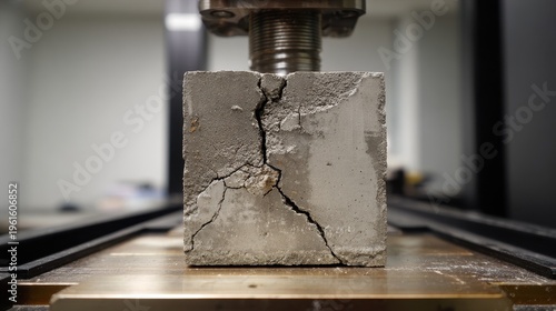 High quality photo of concrete cube undergoing compression strength test with visible cracks in a laboratory setting.