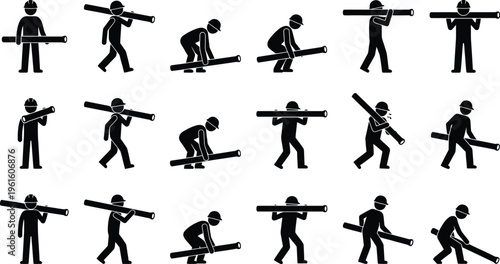 Illustrations de bonhomme allumette montrant différentes méthodes et postures pour soulever et transporter un objet long.