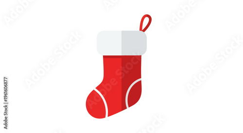 Red Christmas stocking with white trim, hanging on a loop, isolated on white background
