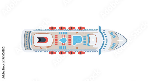 Aerial View of a Luxury Cruise Ship Deck with Pool and Lifeboats